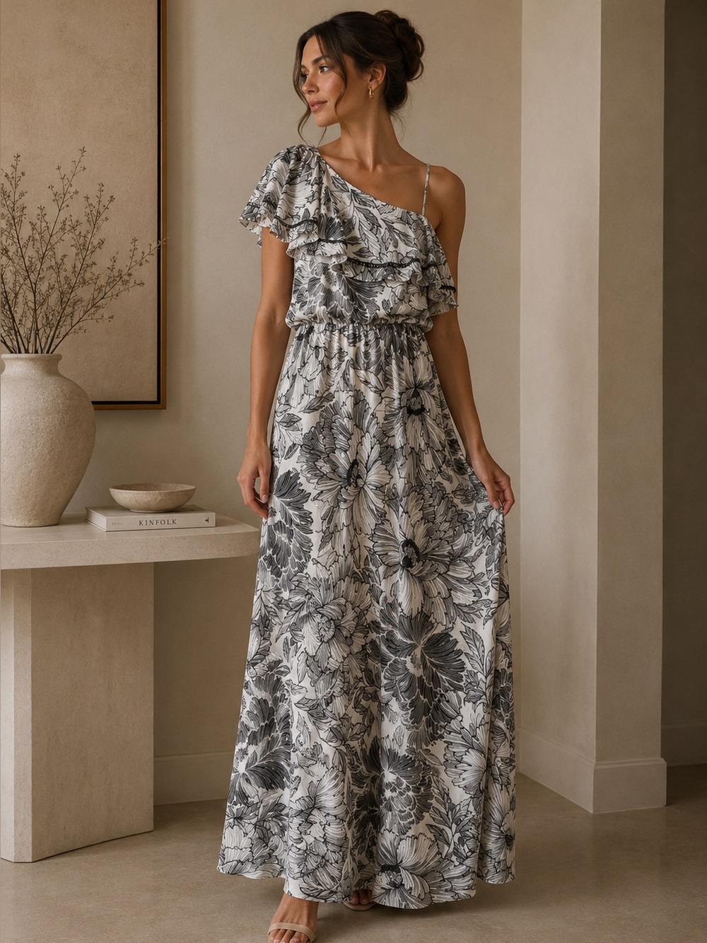 Maggy London Gray and Black One Shoulder gown size 6